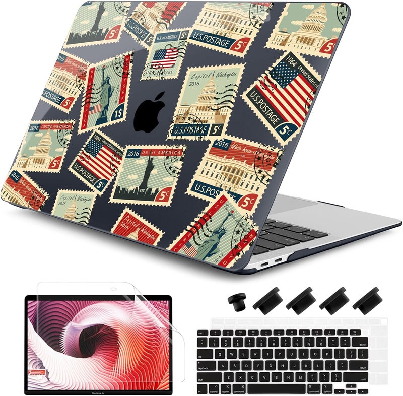 DONGKE for MacBook Air 13 Inch Case 2021-2018, Compatible with A2337 M1 A2179 A1932 Support Retina Display & Touch ID, Hard Shell Plastic Cover with Keyboard Skin - Classic Stamps - Image 1